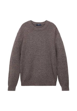 Suéter marrón de punto con mangas largas, cuello redondo y un patrón texturizado. Corte casual, con puños y cinturilla acanalados.