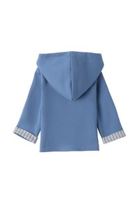 Felpa con cappuccio in tessuto blu chiaro con superficie texture, dotata di dettagli a righe sui polsini. Taglio semplice con vestibilità rilassata.
