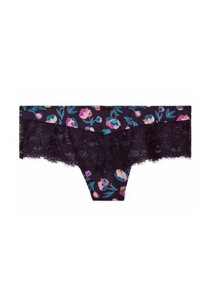 Sous-vêtements noirs à imprimé floral avec un bord en dentelle bleu marine, ornés de fleurs roses et teal, ceinture décorative et bords festonnés.