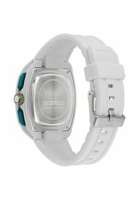 Fehér szilikon óra négyzet alakú rozsdamentes acél tokra, gravírozott hátlappal és zöld kiegészítővel. Ezüst színű koronával és fémből készült csattal rendelkezik.