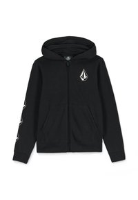 Zwarte sweatvest met ritssluiting, gemaakt van een katoenmix, met een voorzak, geribbelde manchetten en een logo op de borst en langs de mouw.