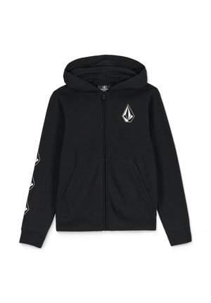 Schwarze Zip-Hoodie aus Baumwollmischung, mit einer Vordertasche, gerippten Bündchen und einem Logo auf der Brust sowie entlang des Ärmels.