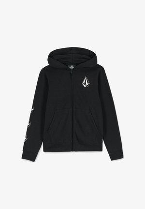 Schwarze Zip-Hoodie aus Baumwollmischung, mit einer Vordertasche, gerippten Bündchen und einem Logo auf der Brust sowie entlang des Ärmels.