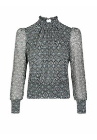 Schwarz-weiß gemusterte Bluse mit langen, durchsichtigen Ärmeln und einem gerafften hohen Kragen. Verfügt über ein Diamantmotiv im gesamten Design.