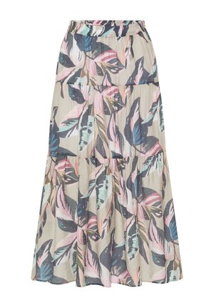 Tiered midi skirt with elastic waistband, featuring abstract large leaf print in pastel pink, blue, gray, and beige tones on light background.