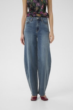 Wide-leg jeans in medium-wash denim, high-waisted with a straight fit. Contrast stitching, five pockets, and a button-fly closure.