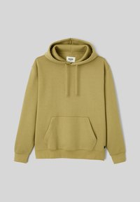 Hoodie en coton vert olive avec une poche avant, une capuche à cordon de serrage et des poignets côtelés. Texture lisse et design décontracté.