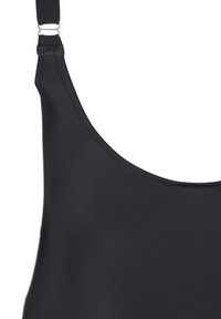 Zwart zwemtop met een ronde halslijn, verstelbare banden en een gladde textuur. Bevat flatlock stiksels en metalen hardware-accenten.