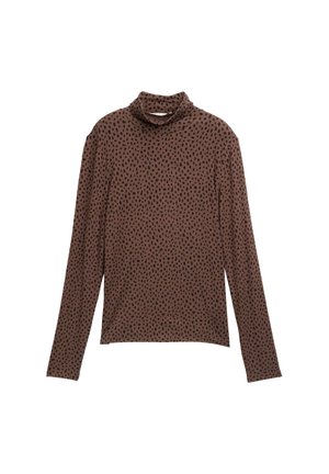 Langharig turtleneck gemaakt van bruin stof met een zwart stippenpatroon. Beschikt over een hoge kraag en heeft een aansluitend ontwerp. Soepele textuur over het geheel.