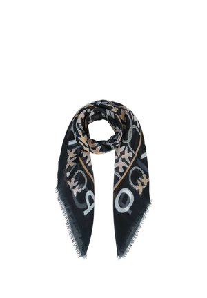 Sciarpa nera con motivi floreali e geometrici beige e bianchi, con bordi sfrangiati, piegata e annodata al centro.