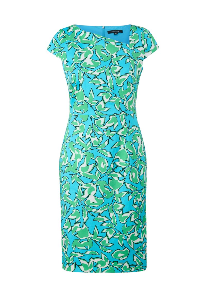Kurzarmkleid aus hellblauem Stoff mit einem grün-weißen Blattmuster. Taillierte Silhouette mit einem Reißverschluss hinten.