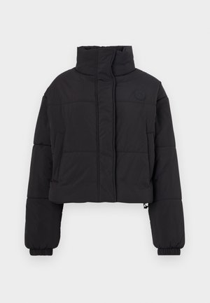 Cropped black puffer jacket with a high collar, featuring quilted sections, elastic cuffs, and a small logo on the chest.