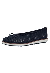 Navy leather ballet flats with perforated design, bow detail on the toe, and light-colored striped sole for added contrast.