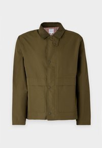 Olive green jacket with a corduroy collar, snap buttons, two front pockets, and a checkered inner lining. Classic, structured design.