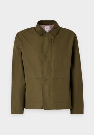 Olive green jacket with a corduroy collar, snap buttons, two front pockets, and a checkered inner lining. Classic, structured design.
