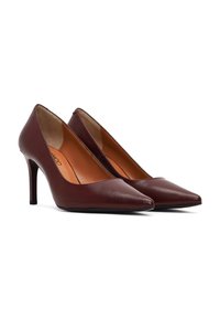 Escarpins en cuir bordeaux avec des bouts pointus et un design élégant. Talons fins avec une finition lisse, présentant un décolleté bas.