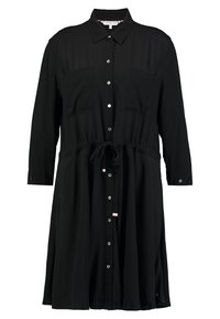 Schwarzes langärmliges Hemdkleid mit Knopfleiste, Kragen, Brusttaschen und Kordelzug in der Taille.