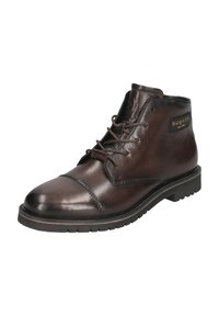 Brauner Leder-Ankle-Boot mit runder Zehenform, Schnürverschluss, kontrastierenden Nähten und einer strukturierten Gummisohle. Verfügt über ein Markenlabel an der Seite.