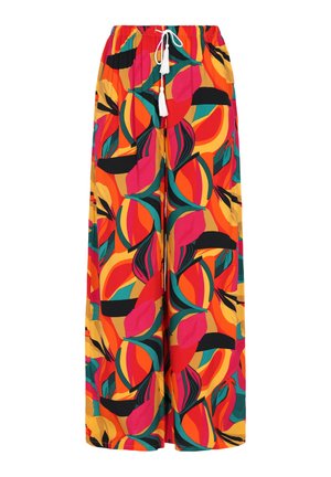 Laiad püksid, millel on värvikas botaaniline trükk, mis sisaldab roosa, punase, oranži ja rohelise värvi toone. Valmistatud kergest kangast, millel on elastne vöökoht.
