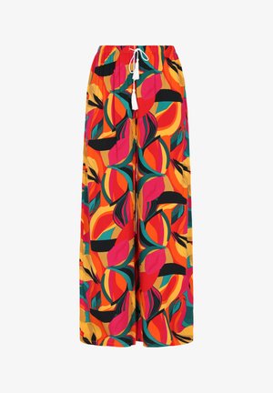 Spodnie z szerokimi nogawkami w kolorowy print botaniczny z różowymi, czerwonymi, pomarańczowymi i zielonymi kolorami. Wykonane z lekkiego materiału z elastycznym pasem.