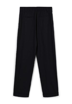 Pantaloni neri leggeri con vita elastica, due tasche frontali e gambe affusolate. Presentano risvolti e una trama liscia.