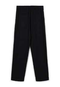 Pantaloni neri con vita elastica, dotati di due tasche frontali, design a gamba dritta e una texture di tessuto liscia.