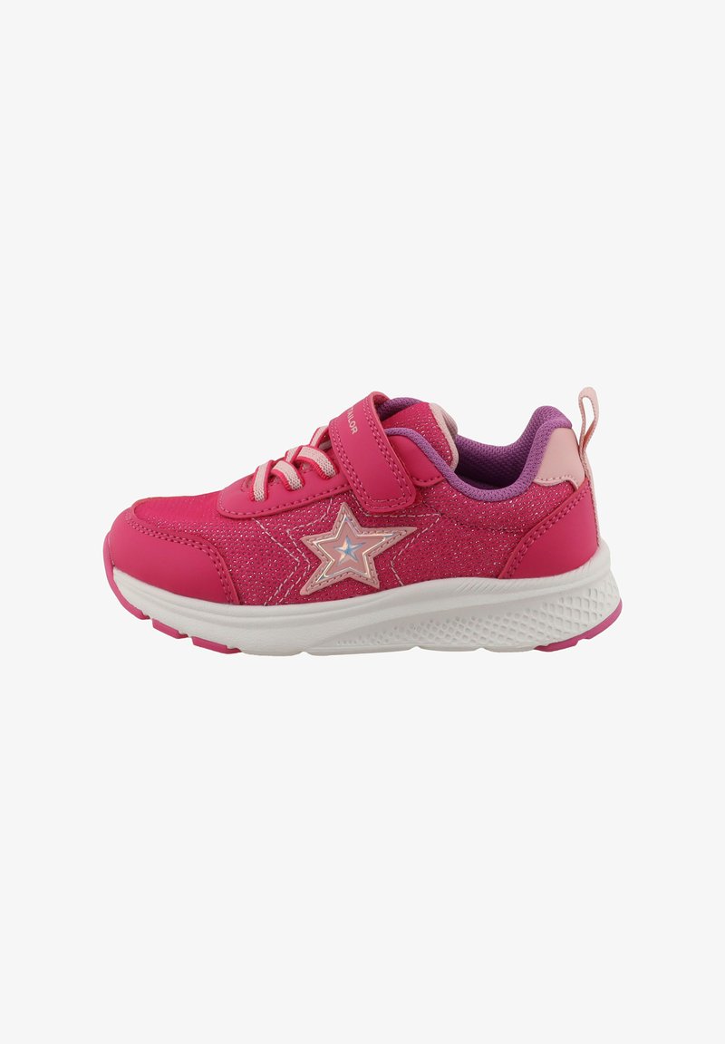 Chaussure de sport rose avec tige synthétique texturée, motif étoile, fermeture lacets et velcro, col rembourré, et semelle blanche avec motif antidérapant.