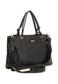 Borsa a tracolla in pelle nera con due manici annodati, tracolla regolabile e hardware in tono oro su sfondo bianco.