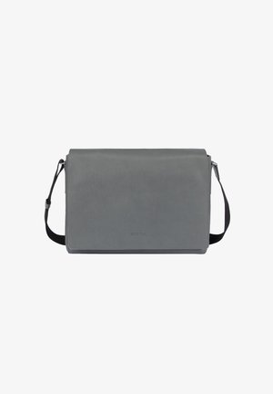 Gray leather shoulder bag with a rectangular shape, adjustable strap, and minimalistic design. Features a logo embossed on the front.