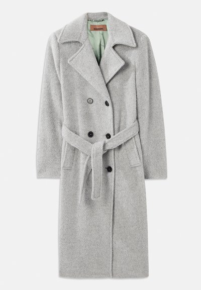 Gray wool blend coat with a double-breasted design, peaked lapel, black buttons, and a fabric belt. Interior in light green.