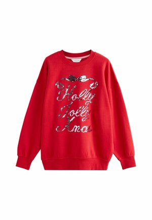 Sweatshirt roșu cu mâneci lungi, decolteu rotund. Prezentăm litere din paiete argintii: "Holly Jolly Xmas." Tiv elastic la partea de jos și la manșete. Textură moale.