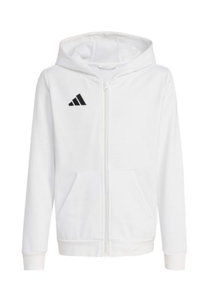 Biała bluza z kapturem i pełnym zamkiem, z przednimi kieszeniami, prążkowanymi mankietami i dołem, z czarnym trójkątnym logo na lewej piersi.