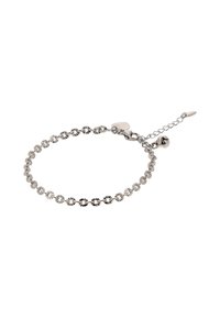 Silbernes Armband mit kreisförmigen Blumenmustern, mit Kettenverlängerung, Verschluss und einem kleinen Glockenakzent.