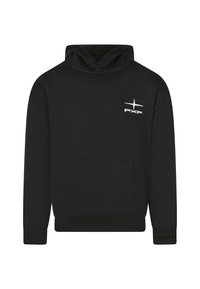 Felpa nera con cappuccio, tasca frontale, polsini e orlo a costine. Presenta un logo bianco sul lato sinistro del petto. Realizzata in tessuto morbido.