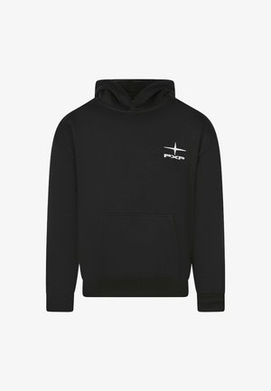 Felpa nera con cappuccio, tasca frontale, polsini e orlo a costine. Presenta un logo bianco sul lato sinistro del petto. Realizzata in tessuto morbido.