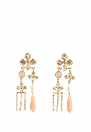 Gold-tone floral earrings with pink stones, pearl accents, peach teardrop pendants, and crystal bead fringe details.