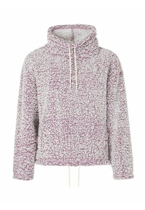 Chlpatý svetrový pulóver v levanduľovej a bielej farbe, s vysokým golierom, nastaviteľnými šnúrkami a textúrovaným, mäkkým materiálom pre teplo.