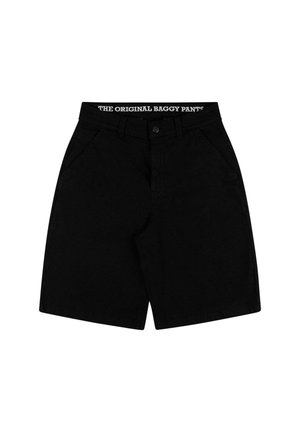 Svarte baggy shorts laget av bomullsmiks med knappestolpe, to frontlommer og en midjebånd med teksten "THE ORIGINAL BAGGY PANT."