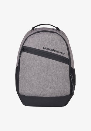 Grijze stoffen rugzak met een voorvak met rits, zwarte accenten, gewatteerde schouderbanden en een handvat aan de bovenkant. Bevat een logodetail aan de voorkant.