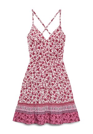 Vestito senza maniche rosa e bianco a fiori con spalline incrociate, vita aderente, gonna a balze e bordo decorato lungo l'orlo.