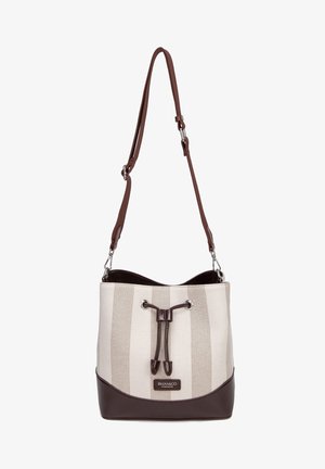 Borsa a secchiello a righe beige e marroni con tracolla marrone regolabile, chiusura a coulisse, base in pelle e etichetta DIANA&CO Firenze.