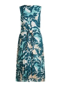 Plisowana sukienka w odcieniach niebieskiego i kremowego, z nadrukiem roślinnym, bez rękawów i z paskiem w talii. Zamek z tyłu.