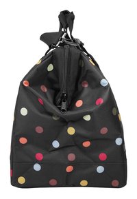 Schwarze Stofftasche mit bunten Punkten in verschiedenen Größen, mit gerafftem Oberteil und Reißverschlussverschluss. Robustes Design und weiche Textur.