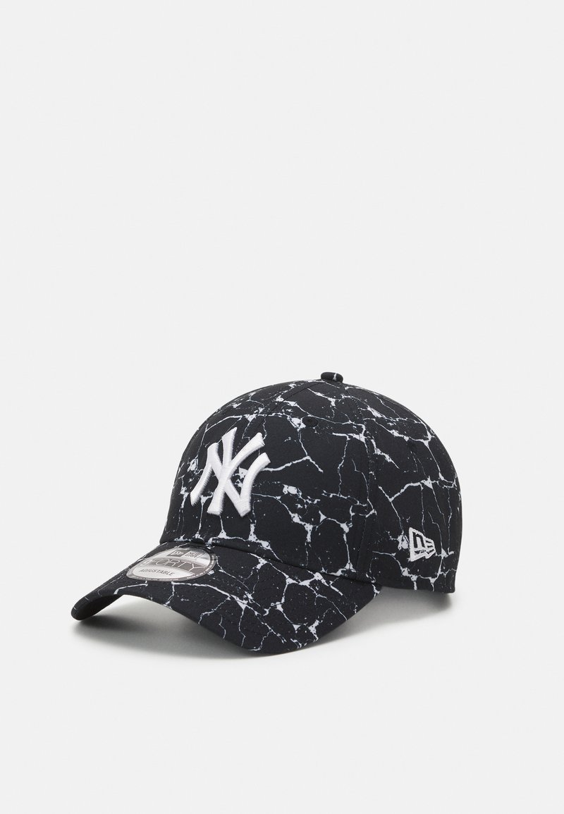 Black baseball cap with a marble pattern, white embroidered "NY" logo, curved brim, and textured fabric. Features a logo on the side.