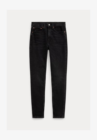 Černé denimové džíny s úzkým střihem. Vlastnosti zahrnují pět kapes, poutka na opasek a zapínání na knoflík a zip. Hladká textura.