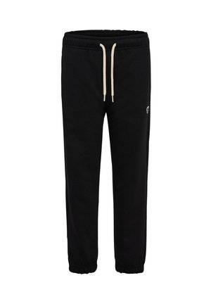 Schwarze Sweatpants aus weichem Stoff, mit einem elastischen Bund und Kordelzug sowie schmalen Bündchen. Kleines Logo an der Seite.