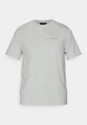 Light grey short-sleeve crew neck t-shirt with subtle "Peak Performance" logo on the left chest.