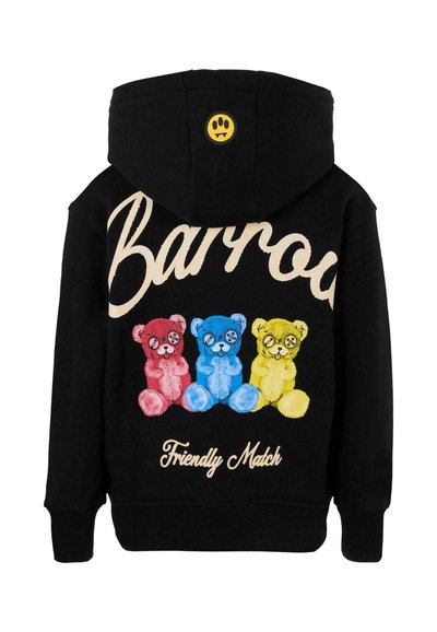 Felpa nera con grafiche di orsi colorate in rosso, blu e giallo, con il testo "Barrow" e "Friendly Match" ricamato in crema.