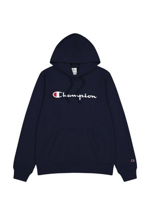 Marineblauwe hoodie gemaakt van katoen, met een voorkant kangaroo zak en geborduurd "Champion" logo in het wit met een rode accent.