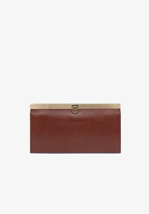 Brown leather wallet with a textured surface, featuring a gold-tone metal clasp and embossed logo on the front. Rectangular design.